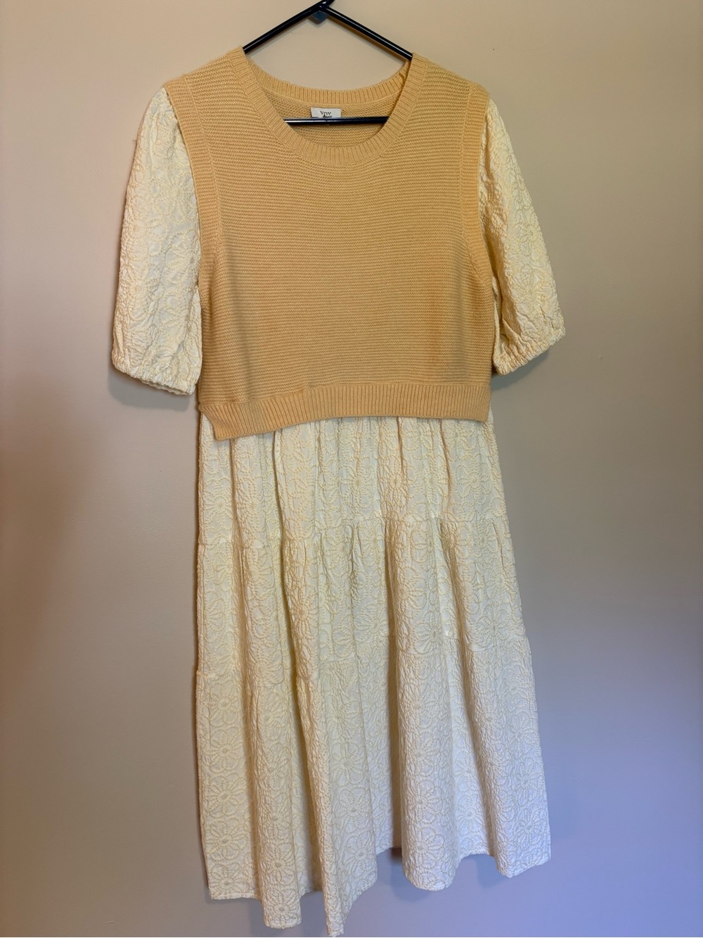 Cream Lace Midi Dress with Tan Knit Overlay